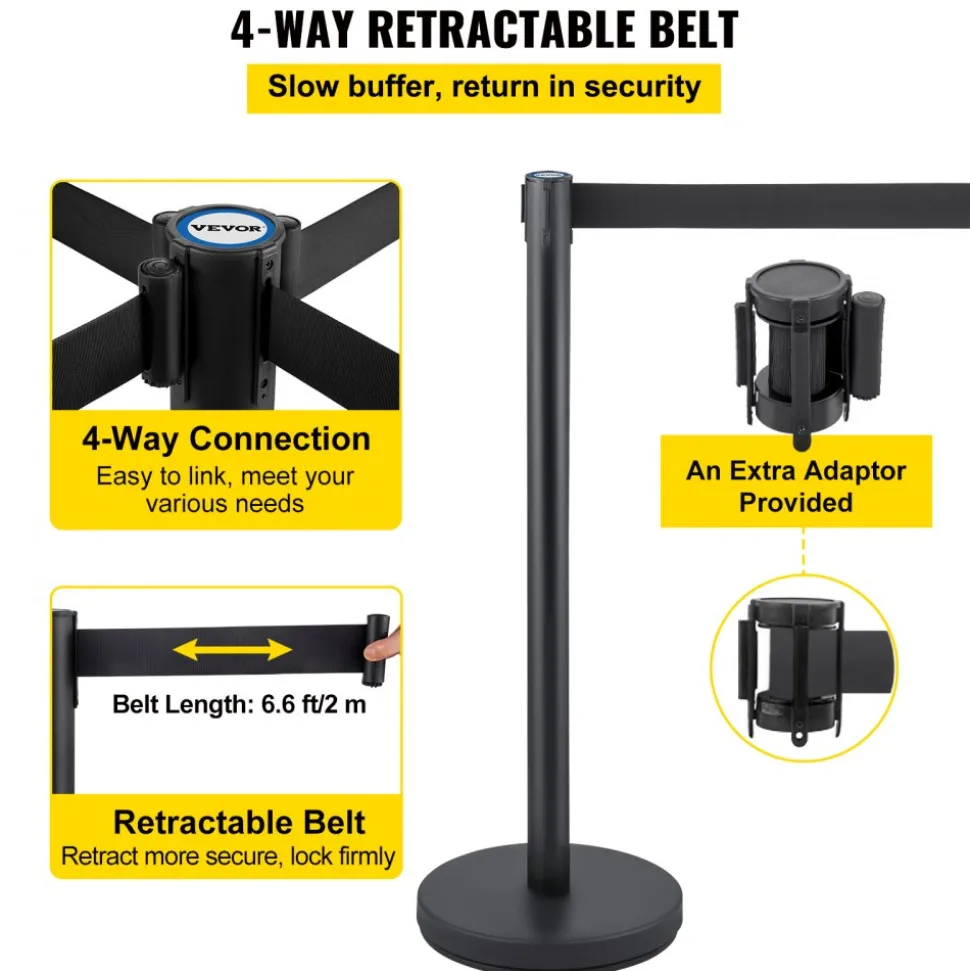 VEVOR Crowd Control Stanchion, Set of 6 Pieces Stanchion Set, Stanchion Set with 6.6 ft/2 m Black Retractable Belt, Black Crowd Control Barrier with Concrete and Metal Base - Easy Connect Assembly