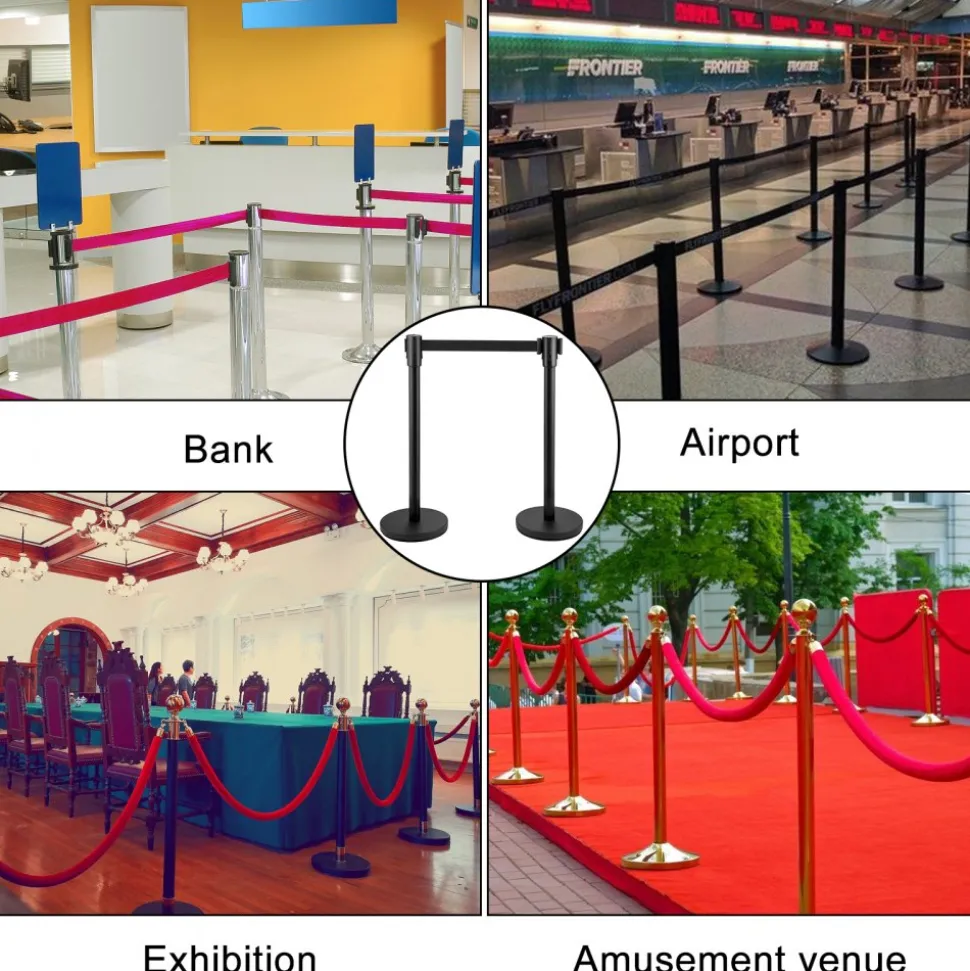 VEVOR Crowd Control Stanchion, Set of 8 Pieces Stanchion Set, Stanchion Set with 6.6 ft/2 m Black Retractable Belt, Black Crowd Control Barrier with Concrete and Metal Base – Easy Connect Assembly