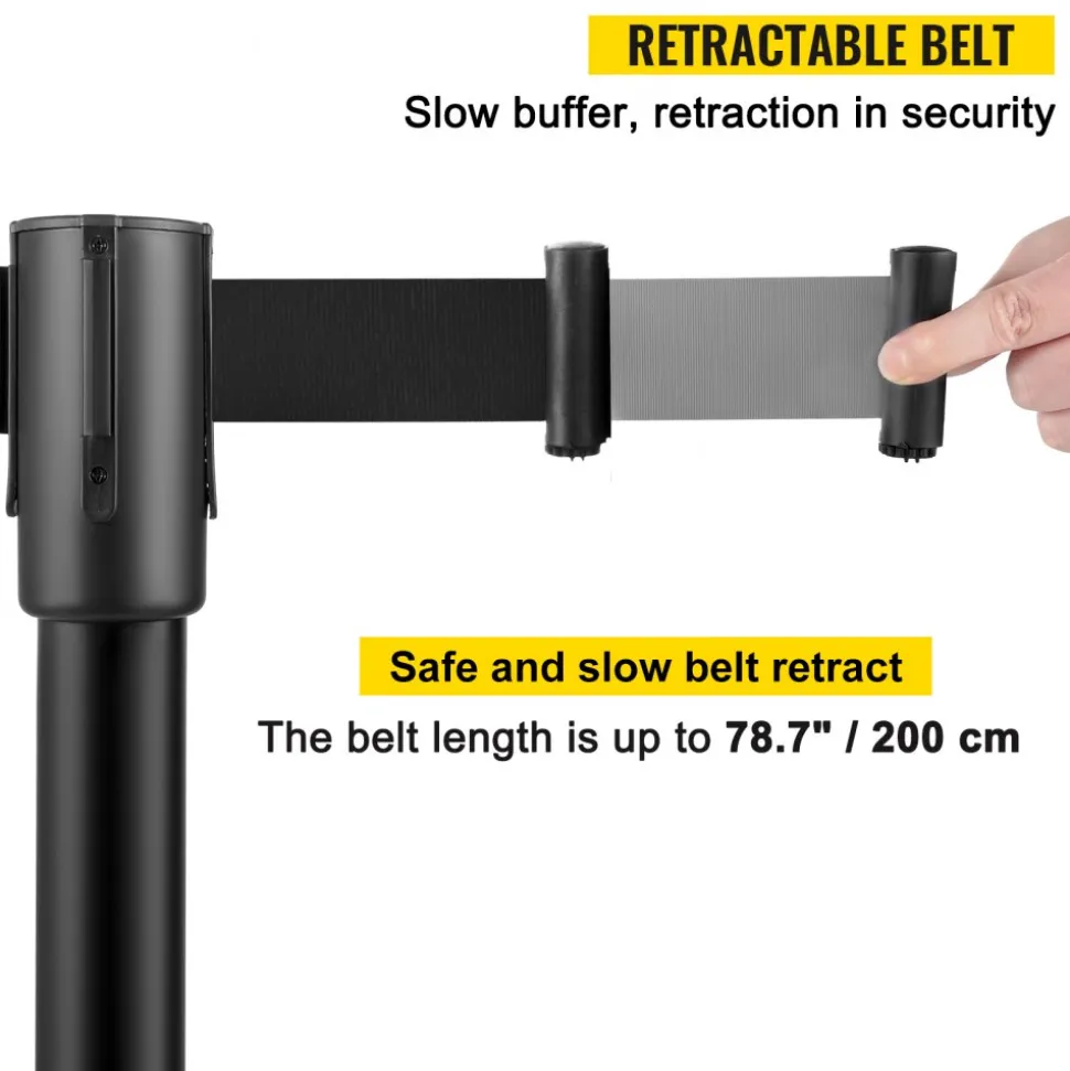VEVOR Crowd Control Stanchion, Set of 8 Pieces Stanchion Set, Stanchion Set with 6.6 ft/2 m Black Retractable Belt, Black Crowd Control Barrier with Concrete and Metal Base – Easy Connect Assembly