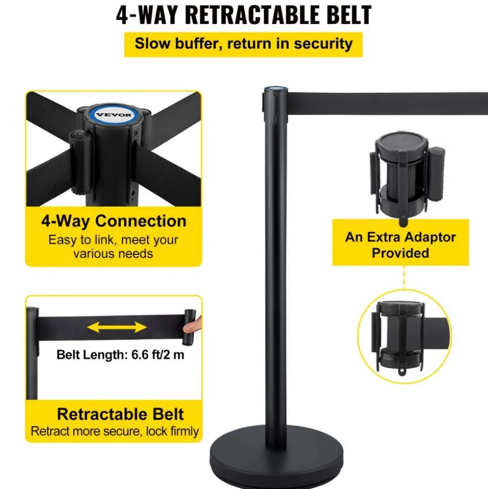 VEVOR Crowd Control Stanchions, 6-Pack Crowd Control Barriers with 3PCS 6.5FT Retractable Belt, Stanchion Posts Queue Pole for Crowd Control Barriers, Easy Assembly