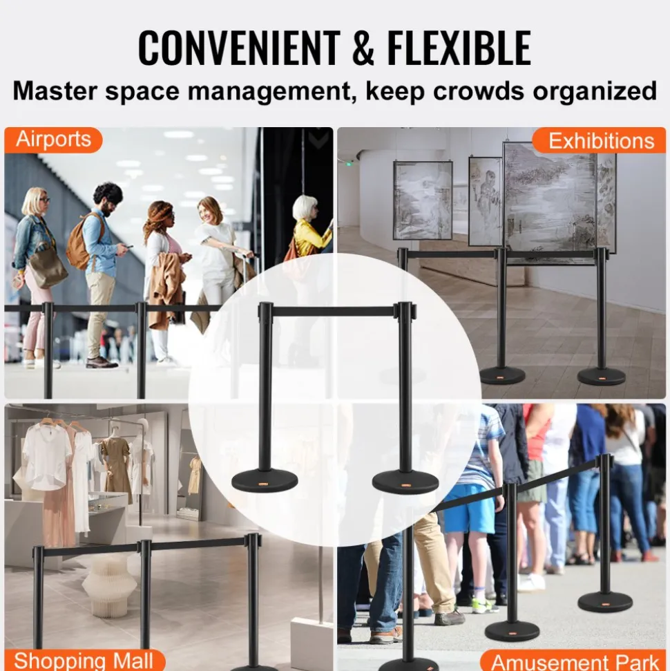 VEVOR Crowd Control Stanchions, 8-Pack Crowd Control Barriers with 4PCS 6.5FT Black Retractable Belts, Plastic Stanchion Queue Post, Belt Barriers Line Divider Stanchion Set for Airport, Exhibition