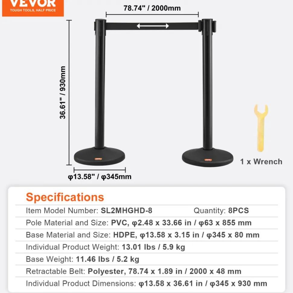 VEVOR Crowd Control Stanchions, 8-Pack Crowd Control Barriers with 4PCS 6.5FT Black Retractable Belts, Plastic Stanchion Queue Post, Belt Barriers Line Divider Stanchion Set for Airport, Exhibition