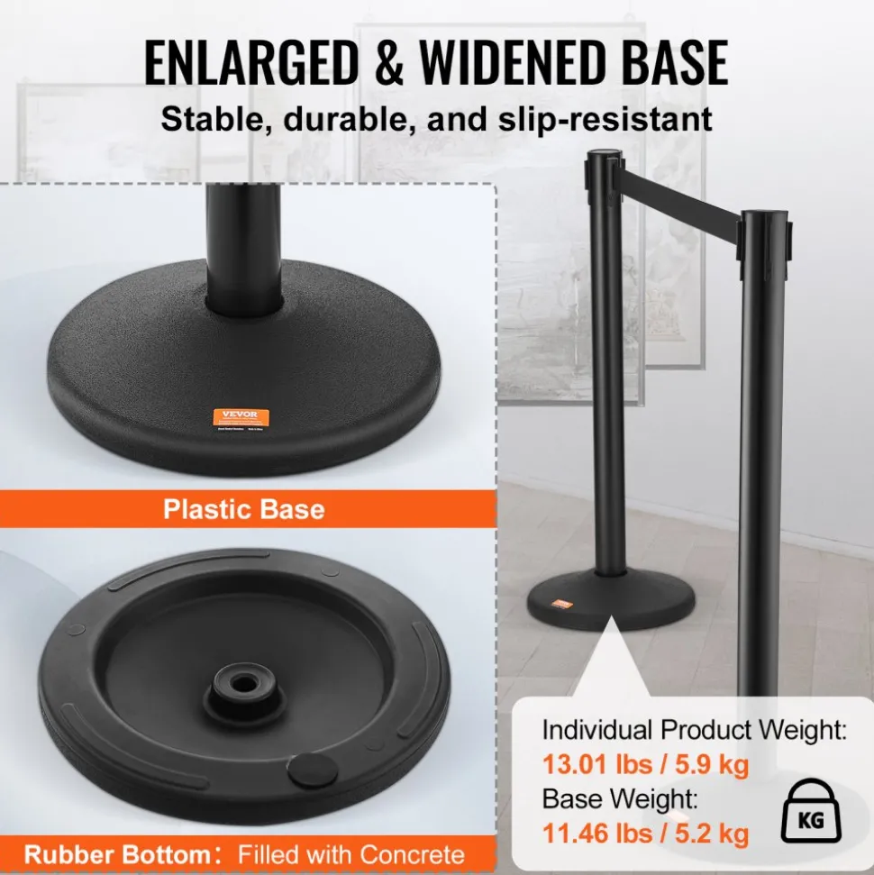 VEVOR Crowd Control Stanchions, 8-Pack Crowd Control Barriers with 4PCS 6.5FT Black Retractable Belts, Plastic Stanchion Queue Post, Belt Barriers Line Divider Stanchion Set for Airport, Exhibition