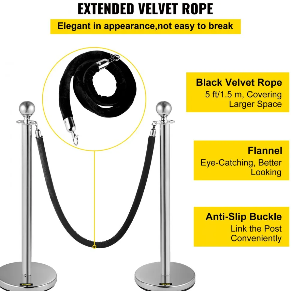 VEVOR Crowd Control Stanchion, Set of 2 Pieces Stanchion, Stanchion Set with 5 ft/1.5 m Black Velvet Rope, Silver Crowd Control Barrier with Sturdy Concrete and Metal Base – Easy Connect Assembly