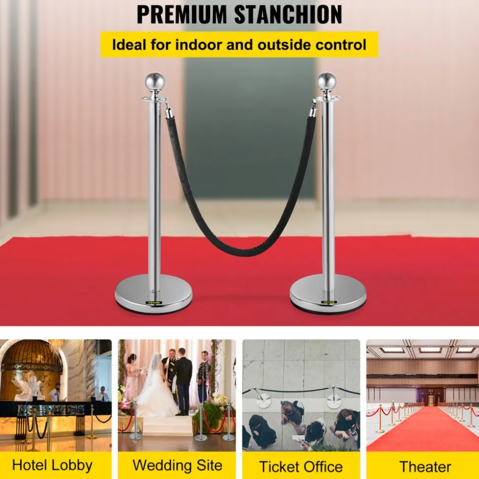 VEVOR Crowd Control Stanchion, Set of 2 Pieces Stanchion, Stanchion Set with 5 ft/1.5 m Black Velvet Rope, Silver Crowd Control Barrier with Sturdy Concrete and Metal Base – Easy Connect Assembly