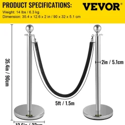 VEVOR Crowd Control Stanchion, Set of 2 Pieces Stanchion, Stanchion Set with 5 ft/1.5 m Black Velvet Rope, Silver Crowd Control Barrier with Sturdy Concrete and Metal Base – Easy Connect Assembly