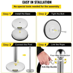 VEVOR Crowd Control Stanchion, Set of 2 Pieces Stanchion, Stanchion Set with 5 ft/1.5 m Black Velvet Rope, Silver Crowd Control Barrier with Sturdy Concrete and Metal Base – Easy Connect Assembly