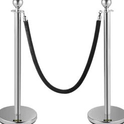 VEVOR Crowd Control Stanchion, Set of 2 Pieces Stanchion, Stanchion Set with 5 ft/1.5 m Black Velvet Rope, Silver Crowd Control Barrier with Sturdy Concrete and Metal Base – Easy Connect Assembly