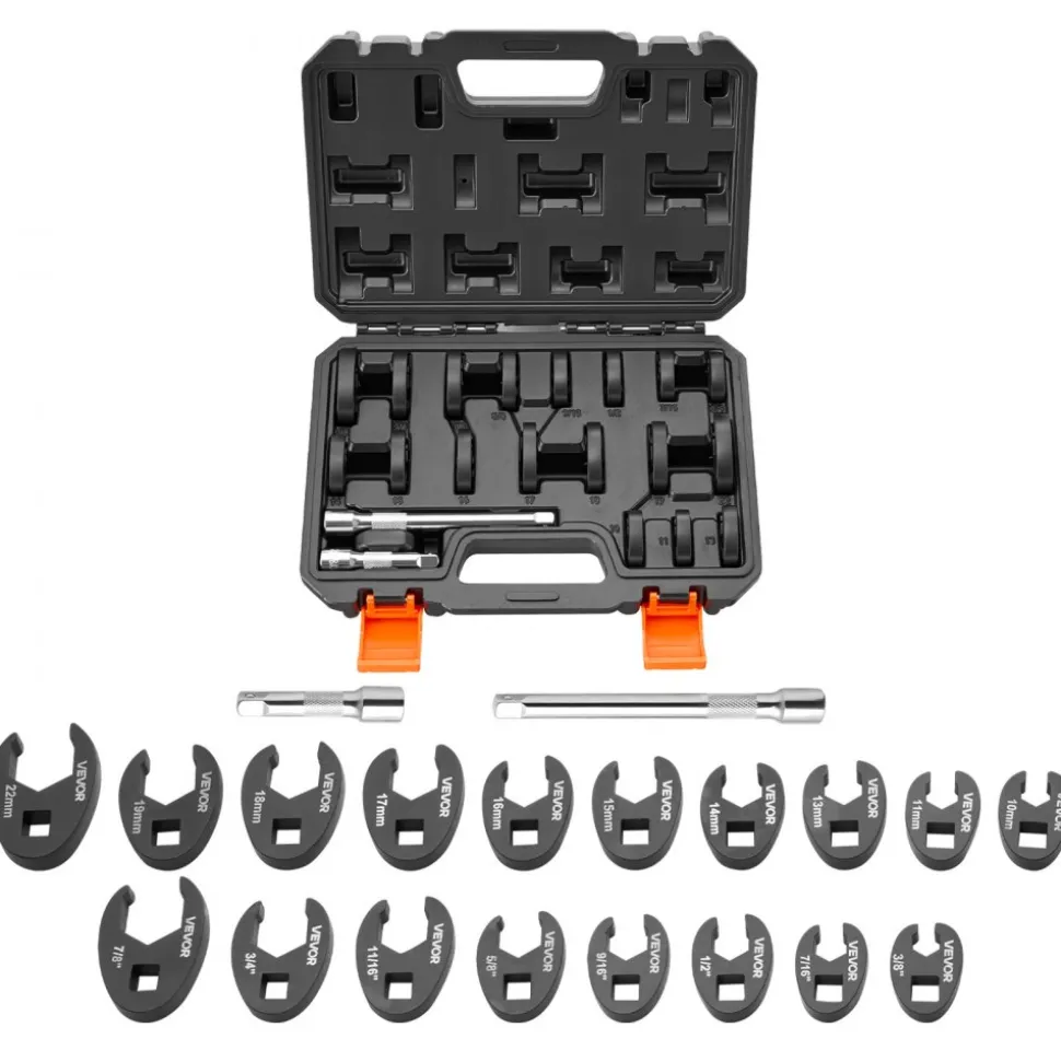 VEVOR Crowfoot Wrench Set, 3/8" Drive, 20-Piece Metric and SAE Size Flare Nut Crows Foot Wrenches, with Storage Case, Dual Size Markings on Tools and Case, for Auto Maintenance