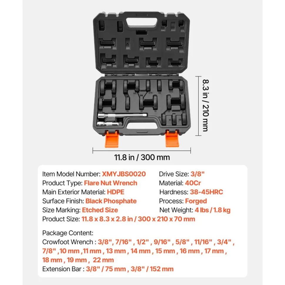 VEVOR Crowfoot Wrench Set, 3/8" Drive, 20-Piece Metric and SAE Size Flare Nut Crows Foot Wrenches, with Storage Case, Dual Size Markings on Tools and Case, for Auto Maintenance