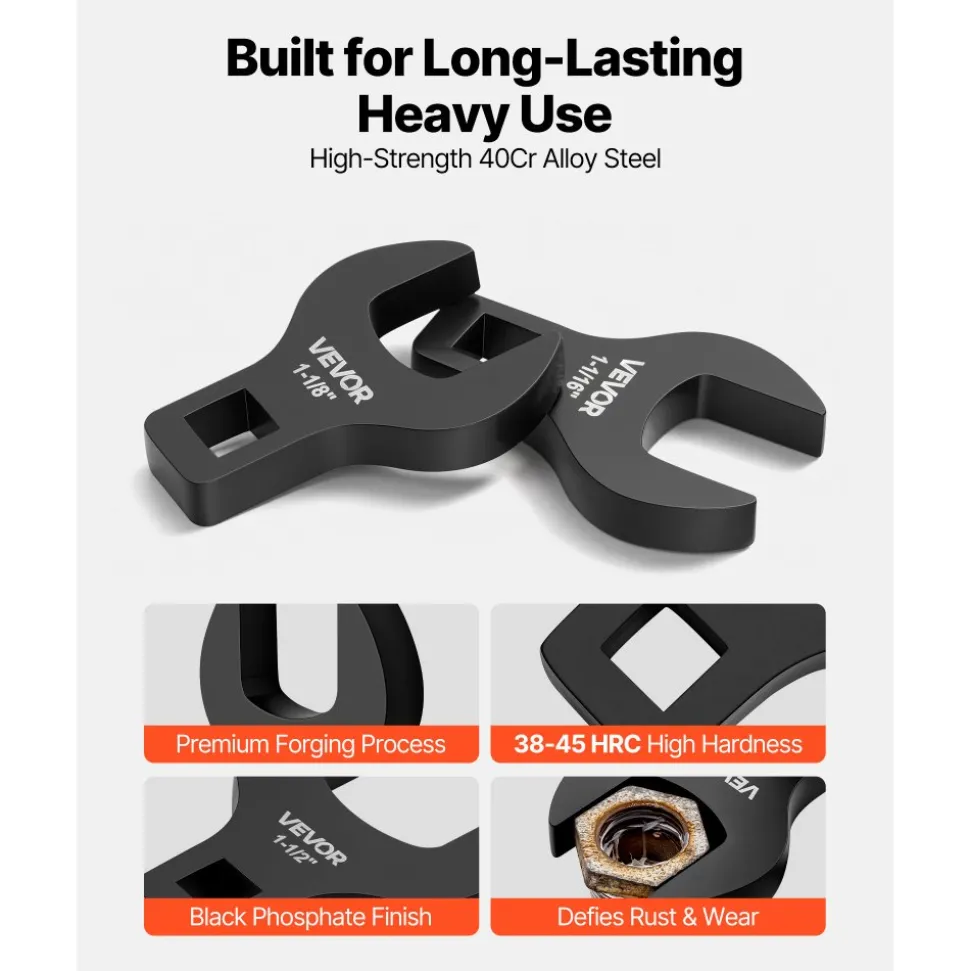 VEVOR Crowfoot Wrench Set, 1/2" Drive, 14-Piece SAE 1-1/16" to 2" Crows Foot Wrenches, with Storage Tray, Dual Size Markings on Tools and Tray, for Auto Maintenance or Repairs