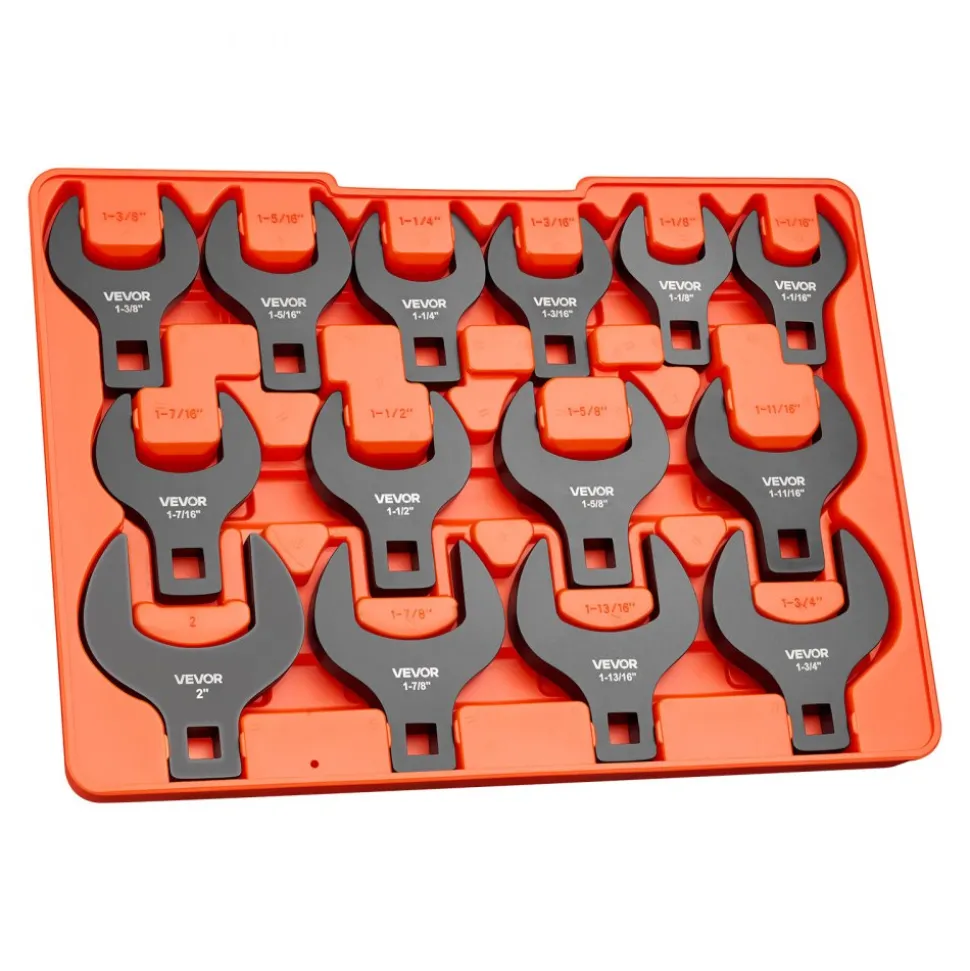 VEVOR Crowfoot Wrench Set, 1/2" Drive, 14-Piece SAE 1-1/16" to 2" Crows Foot Wrenches, with Storage Tray, Dual Size Markings on Tools and Tray, for Auto Maintenance or Repairs