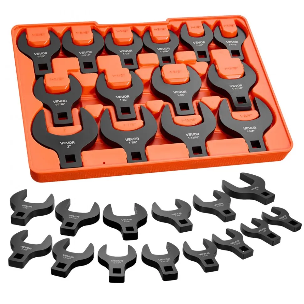 VEVOR Crowfoot Wrench Set, 1/2" Drive, 14-Piece SAE 1-1/16" to 2" Crows Foot Wrenches, with Storage Tray, Dual Size Markings on Tools and Tray, for Auto Maintenance or Repairs