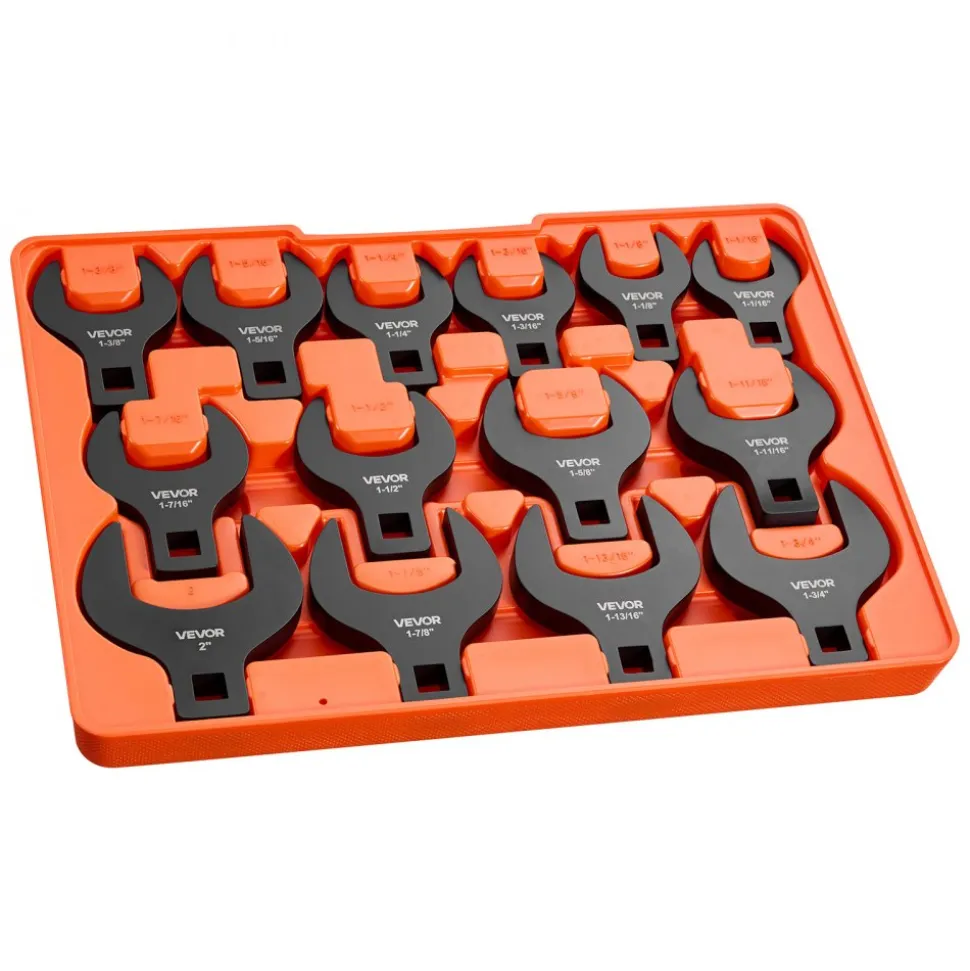 VEVOR Crowfoot Wrench Set, 1/2" Drive, 14-Piece SAE 1-1/16" to 2" Crows Foot Wrenches, with Storage Tray, Dual Size Markings on Tools and Tray, for Auto Maintenance or Repairs