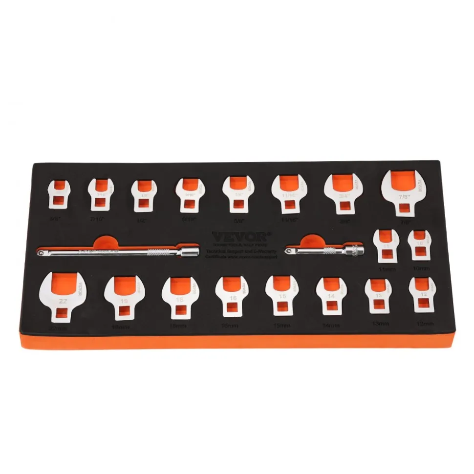 VEVOR Crowfoot Wrench Set, 3/8" Drive 20-Piece Crows Foot Wrench Set with 2 Extension Bars and EVA Tool Organizer,40CR Material with Mirror Chrome Finish, SAE 3/8"-7/8" and Metric 10-22 mm,