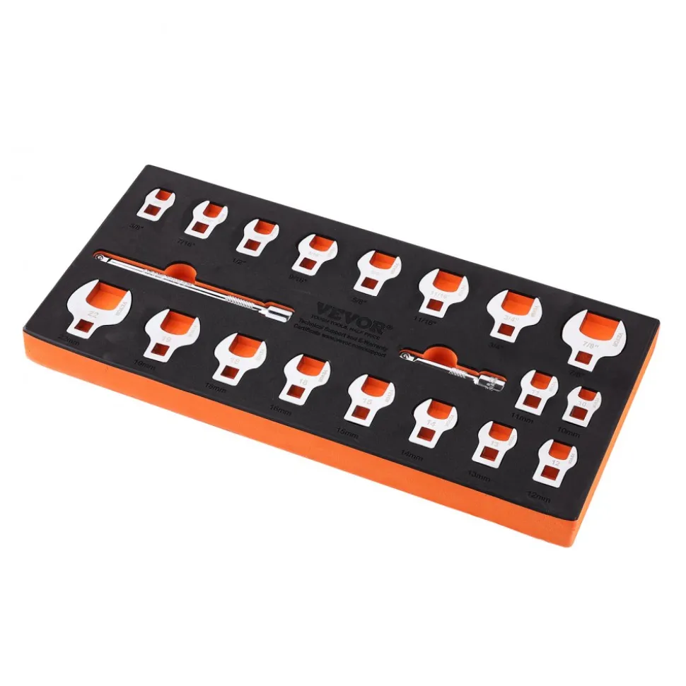 VEVOR Crowfoot Wrench Set, 3/8" Drive 20-Piece Crows Foot Wrench Set with 2 Extension Bars and EVA Tool Organizer,40CR Material with Mirror Chrome Finish, SAE 3/8"-7/8" and Metric 10-22 mm,