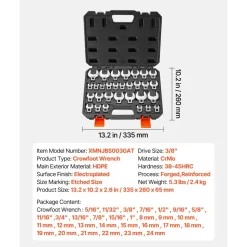 VEVOR Crowfoot Wrench Set, 3/8" Drive, 30-Piece Metric and SAE Size Crows Foot Wrenches, Cr-Mo Alloy Steel, with Storage Case, Dual Size Markings on Tools and Case, for Auto Maintenance or Repairs