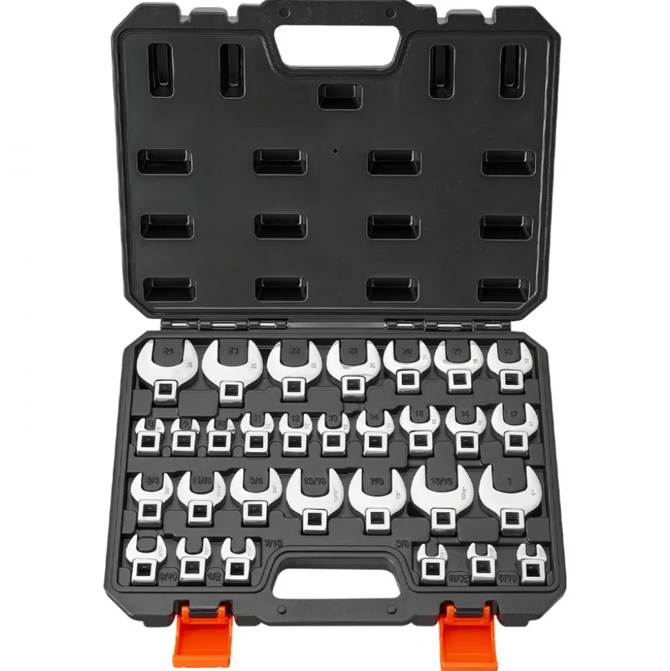 VEVOR Crowfoot Wrench Set, 3/8" Drive, 30-Piece Metric and SAE Size Crows Foot Wrenches, Cr-Mo Alloy Steel, with Storage Case, Dual Size Markings on Tools and Case, for Auto Maintenance or Repairs