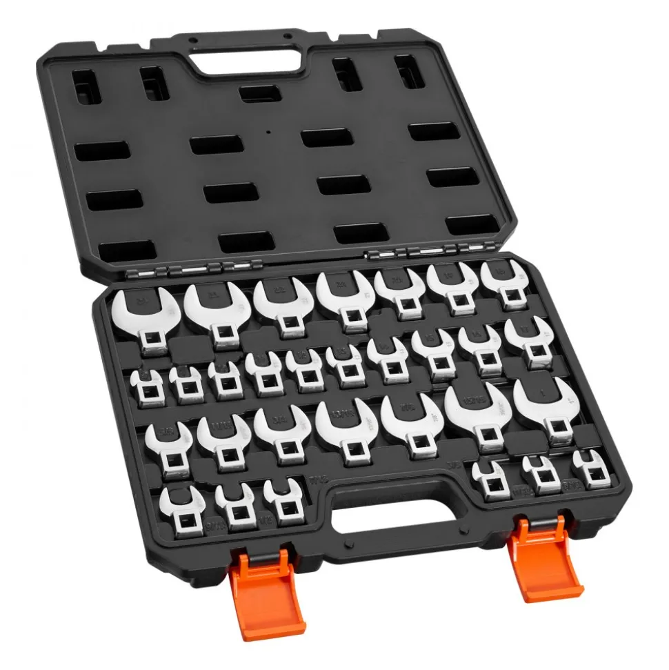 VEVOR Crowfoot Wrench Set, 3/8" Drive, 30-Piece Metric and SAE Size Crows Foot Wrenches, Cr-Mo Alloy Steel, with Storage Case, Dual Size Markings on Tools and Case, for Auto Maintenance or Repairs