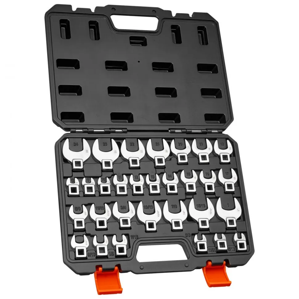 VEVOR Crowfoot Wrench Set, 3/8" Drive, 30-Piece Metric and SAE Size Crows Foot Wrenches, Cr-Mo Alloy Steel, with Storage Case, Dual Size Markings on Tools and Case, for Auto Maintenance or Repairs