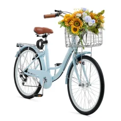 VEVOR Cruiser Bike, 7-Speed, 26-Inch Light Blue Beach Cruiser Bike with Large Capacity Basket and Rear Rack, Secure & Sturdy Cruiser Bike with Adjustable Seat, Fits for Cycling, Exercise & Shopping
