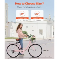VEVOR Cruiser Bike, 7-Speed, 26-Inch Pink Beach Cruiser Bike with Large Capacity Basket and Rear Rack, Secure & Sturdy Cruiser Bike with Adjustable Seat, Fits for Cycling, Exercise & Shopping