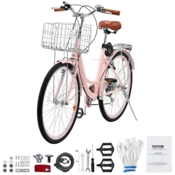 VEVOR Cruiser Bike, 7-Speed, 26-Inch Pink Beach Cruiser Bike with Large Capacity Basket and Rear Rack, Secure & Sturdy Cruiser Bike with Adjustable Seat, Fits for Cycling, Exercise & Shopping