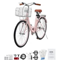 VEVOR Cruiser Bike, 1-Speed, 26-Inch Pink Beach Cruiser Bike with Large Capacity Basket and Rear Rack, Secure & Sturdy Cruiser Bike with Adjustable Seat, Fits for Cycling, Exercise & Shopping