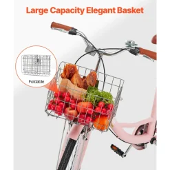 VEVOR Cruiser Bike, 1-Speed, 26-Inch Pink Beach Cruiser Bike with Large Capacity Basket and Rear Rack, Secure & Sturdy Cruiser Bike with Adjustable Seat, Fits for Cycling, Exercise & Shopping