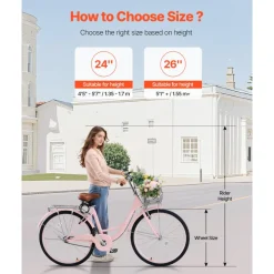 VEVOR Cruiser Bike, 1-Speed, 26-Inch Pink Beach Cruiser Bike with Large Capacity Basket and Rear Rack, Secure & Sturdy Cruiser Bike with Adjustable Seat, Fits for Cycling, Exercise & Shopping
