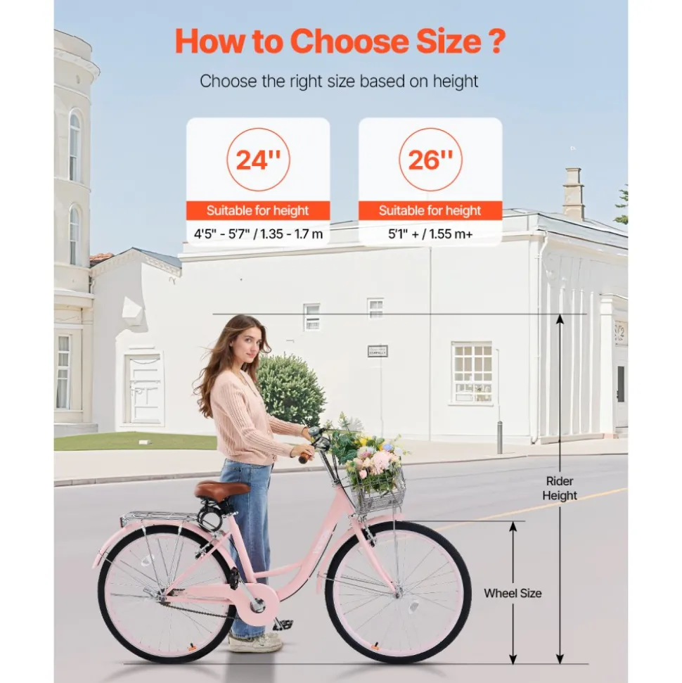 VEVOR Cruiser Bike, 1-Speed, 26-Inch Pink Beach Cruiser Bike with Large Capacity Basket and Rear Rack, Secure & Sturdy Cruiser Bike with Adjustable Seat, Fits for Cycling, Exercise & Shopping
