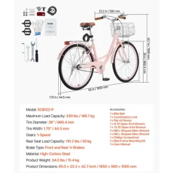 VEVOR Cruiser Bike, 1-Speed, 26-Inch Pink Beach Cruiser Bike with Large Capacity Basket and Rear Rack, Secure & Sturdy Cruiser Bike with Adjustable Seat, Fits for Cycling, Exercise & Shopping
