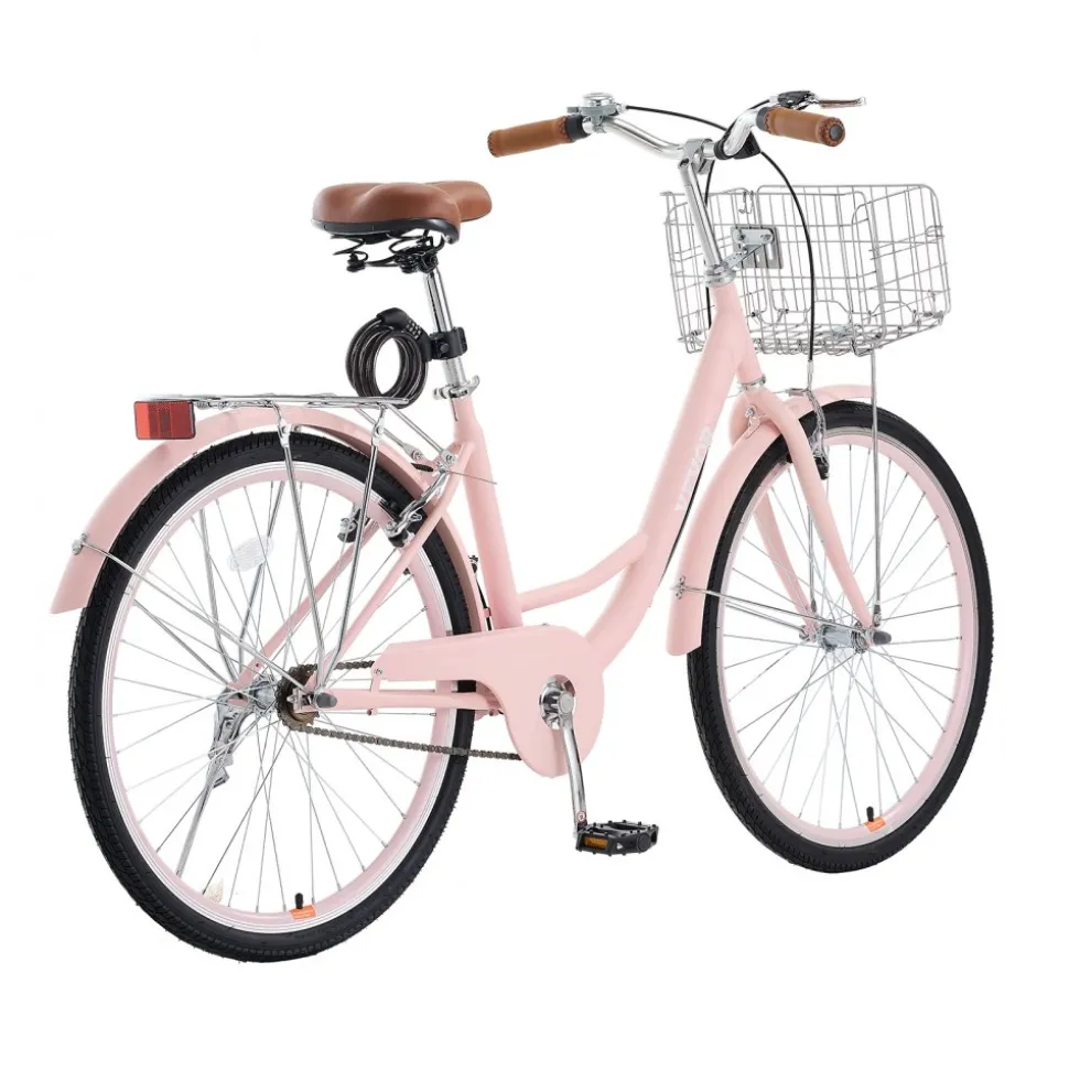 VEVOR Cruiser Bike, 1-Speed, 26-Inch Pink Beach Cruiser Bike with Large Capacity Basket and Rear Rack, Secure & Sturdy Cruiser Bike with Adjustable Seat, Fits for Cycling, Exercise & Shopping