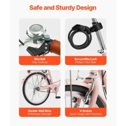VEVOR Cruiser Bike, 1-Speed, 26-Inch Pink Beach Cruiser Bike with Large Capacity Basket and Rear Rack, Secure & Sturdy Cruiser Bike with Adjustable Seat, Fits for Cycling, Exercise & Shopping
