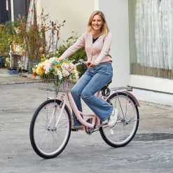 VEVOR Cruiser Bike, 1-Speed, 26-Inch Pink Beach Cruiser Bike with Large Capacity Basket and Rear Rack, Secure & Sturdy Cruiser Bike with Adjustable Seat, Fits for Cycling, Exercise & Shopping