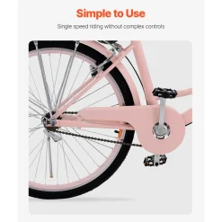 VEVOR Cruiser Bike, 1-Speed, 26-Inch Pink Beach Cruiser Bike with Large Capacity Basket and Rear Rack, Secure & Sturdy Cruiser Bike with Adjustable Seat, Fits for Cycling, Exercise & Shopping