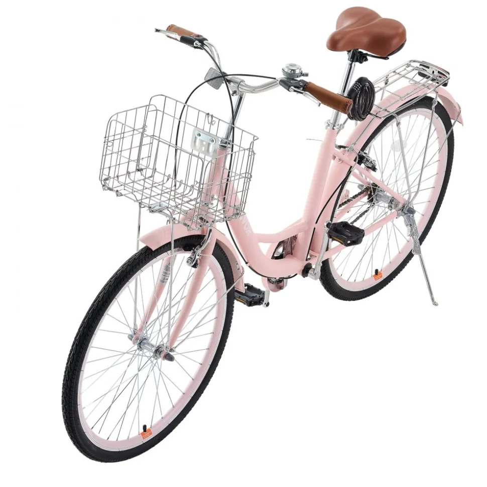 VEVOR Cruiser Bike, 1-Speed, 26-Inch Pink Beach Cruiser Bike with Large Capacity Basket and Rear Rack, Secure & Sturdy Cruiser Bike with Adjustable Seat, Fits for Cycling, Exercise & Shopping