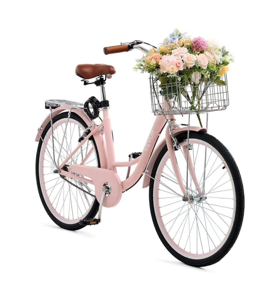 VEVOR Cruiser Bike, 1-Speed, 26-Inch Pink Beach Cruiser Bike with Large Capacity Basket and Rear Rack, Secure & Sturdy Cruiser Bike with Adjustable Seat, Fits for Cycling, Exercise & Shopping