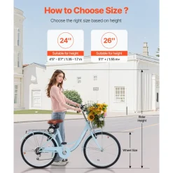 VEVOR Cruiser Bike, 1-Speed, 26-Inch Light Blue Beach Cruiser Bike with Large Capacity Basket and Rear Rack, Secure & Sturdy Cruiser Bike with Adjustable Seat, Fits for Cycling, Exercise & Shopping