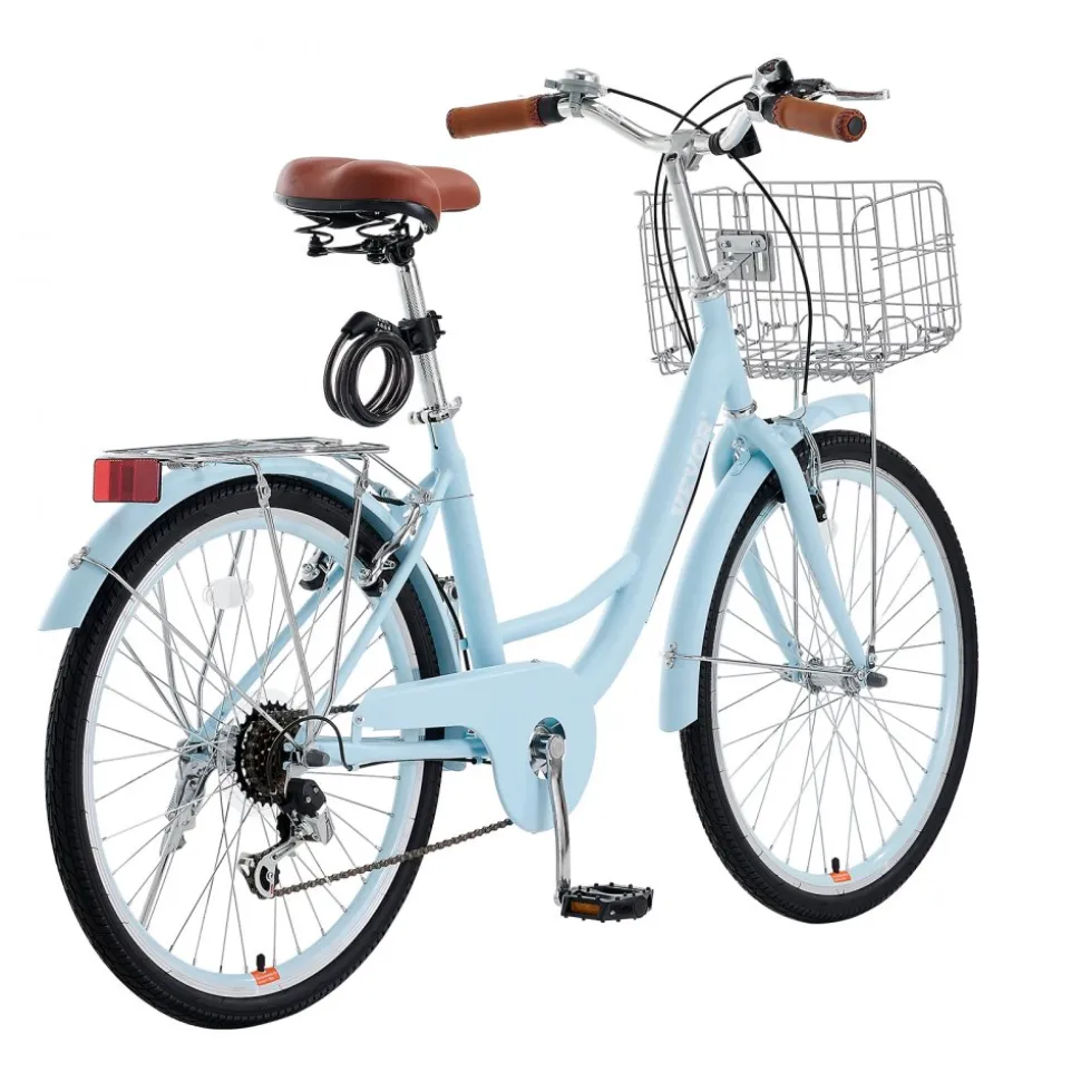 VEVOR Cruiser Bike, 1-Speed, 26-Inch Light Blue Beach Cruiser Bike with Large Capacity Basket and Rear Rack, Secure & Sturdy Cruiser Bike with Adjustable Seat, Fits for Cycling, Exercise & Shopping
