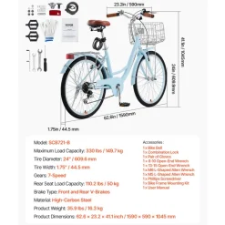 VEVOR Cruiser Bike, 1-Speed, 26-Inch Light Blue Beach Cruiser Bike with Large Capacity Basket and Rear Rack, Secure & Sturdy Cruiser Bike with Adjustable Seat, Fits for Cycling, Exercise & Shopping