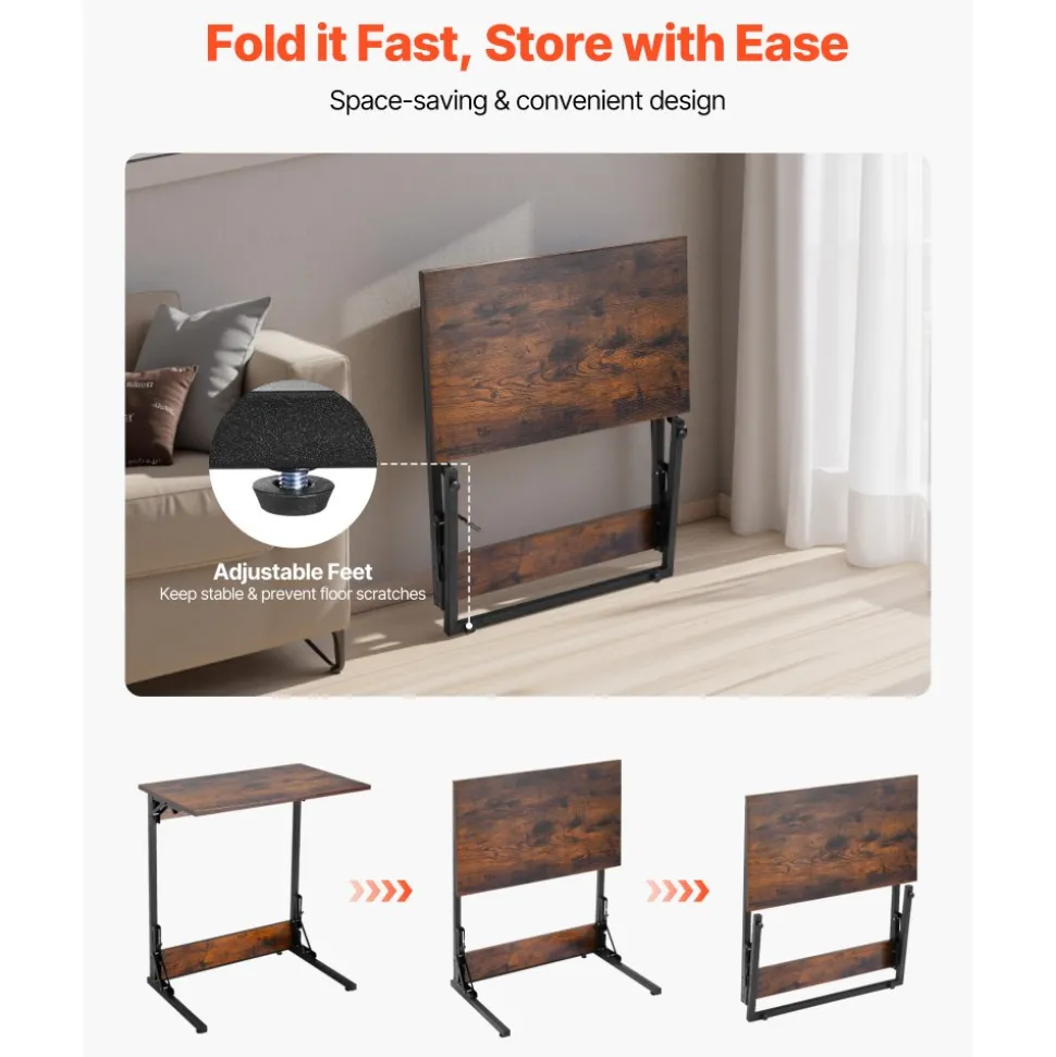 VEVOR C Table, Folding C Shaped End Table with Metal Frame & Adjustable Feet, Foldable C Shaped Side Table for Living Room Bedroom Office, 23.62 x 14.57 x 27.56 inch C Shaped TV Tray, Brown and Black