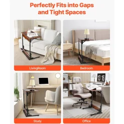 VEVOR C Table, Folding C Shaped End Table with Metal Frame & Adjustable Feet, Foldable C Shaped Side Table for Living Room Bedroom Office, 23.62 x 14.57 x 27.56 inch C Shaped TV Tray, Brown and Black