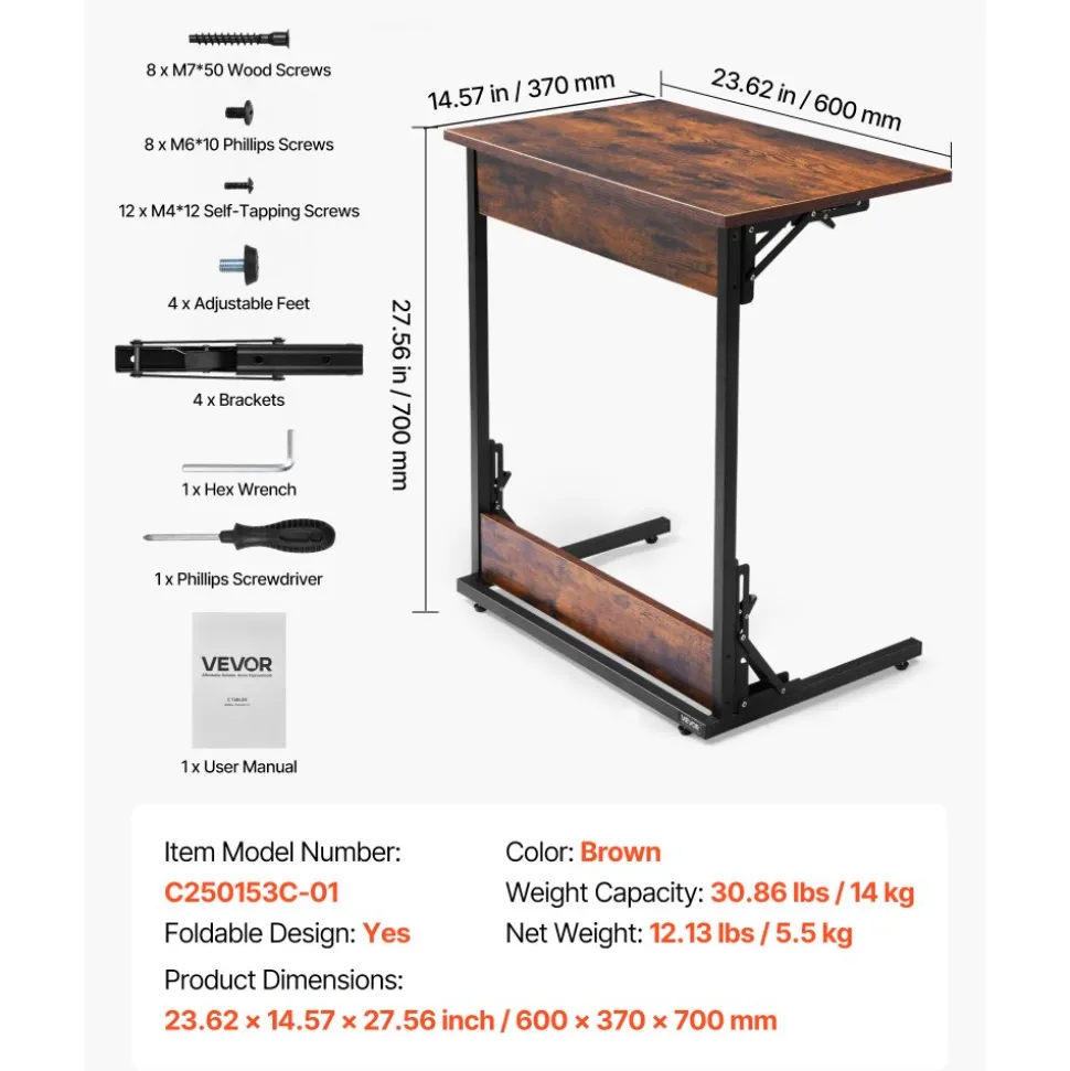 VEVOR C Table, Folding C Shaped End Table with Metal Frame & Adjustable Feet, Foldable C Shaped Side Table for Living Room Bedroom Office, 23.62 x 14.57 x 27.56 inch C Shaped TV Tray, Brown and Black