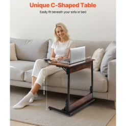 VEVOR C Table, Folding C Shaped End Table with Metal Frame & Adjustable Feet, Foldable C Shaped Side Table for Living Room Bedroom Office, 23.62 x 14.57 x 27.56 inch C Shaped TV Tray, Brown and Black