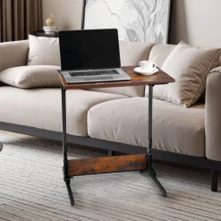 VEVOR C Table, Folding C Shaped End Table with Metal Frame & Adjustable Feet, Foldable C Shaped Side Table for Living Room Bedroom Office, 23.62 x 14.57 x 27.56 inch C Shaped TV Tray, Brown and Black