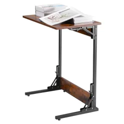 VEVOR C Table, Folding C Shaped End Table with Metal Frame & Adjustable Feet, Foldable C Shaped Side Table for Living Room Bedroom Office, 23.62 x 14.57 x 27.56 inch C Shaped TV Tray, Brown and Black