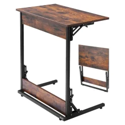 VEVOR C Table, Folding C Shaped End Table with Metal Frame & Adjustable Feet, Foldable C Shaped Side Table for Living Room Bedroom Office, 23.62 x 14.57 x 27.56 inch C Shaped TV Tray, Brown and Black