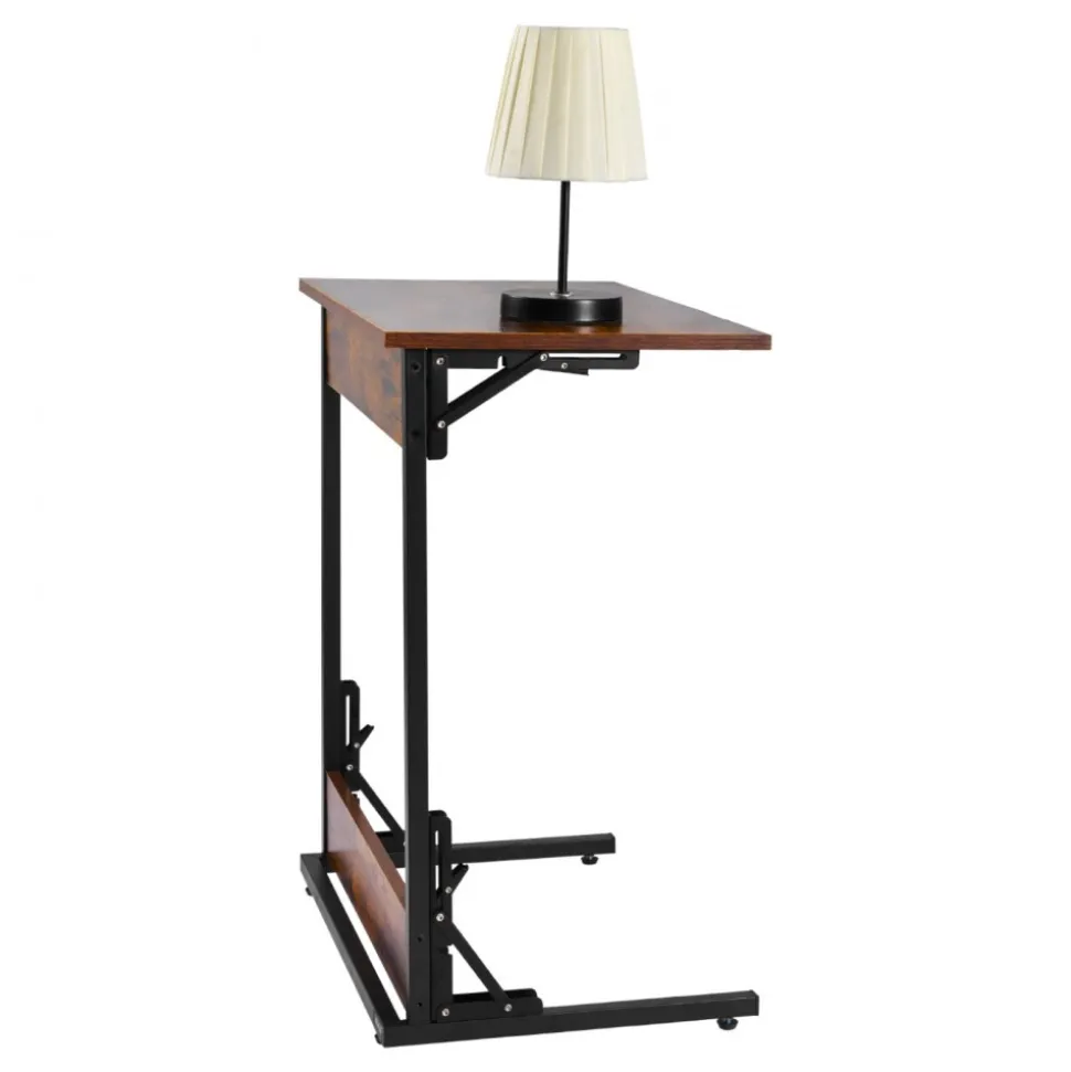 VEVOR C Table, Folding C Shaped End Table with Metal Frame & Adjustable Feet, Foldable C Shaped Side Table for Living Room Bedroom Office, 23.62 x 14.57 x 27.56 inch C Shaped TV Tray, Brown and Black