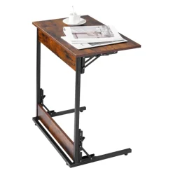VEVOR C Table, Folding C Shaped End Table with Metal Frame & Adjustable Feet, Foldable C Shaped Side Table for Living Room Bedroom Office, 23.62 x 14.57 x 27.56 inch C Shaped TV Tray, Brown and Black
